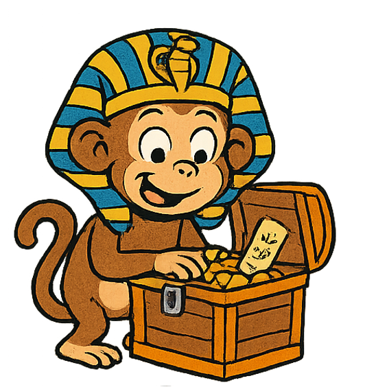 Scribbles the monkey mascot holding a treasure chest full of words