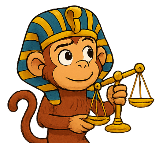 Scribbles the monkey mascot holding balancing scales
