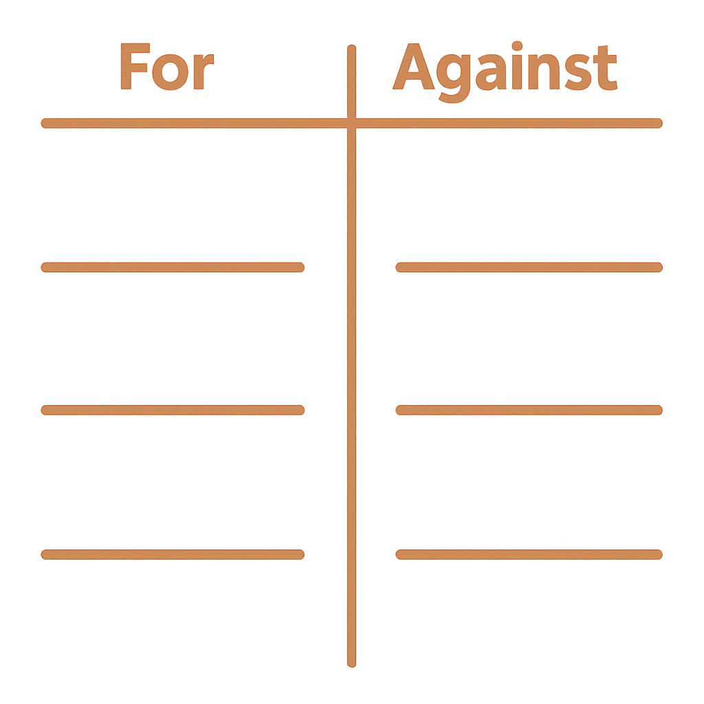 Diagram showing a T-chart with columns labelled For and Against